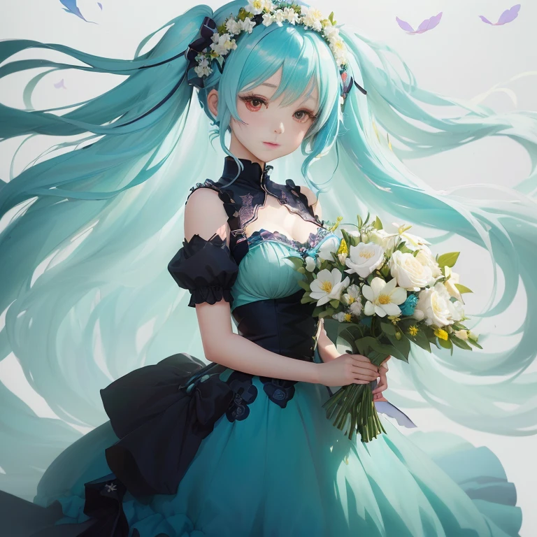 anime girl with blue hair and flowers in her hand, loli in dress, mikudayo, portrait of hatsune miku, cute anime waifu in a nice dress, hatsune miku portrait, guweiz on pixiv artstation, guweiz on artstation pixiv, digital art on pixiv, pixiv contest winner, anime girl with teal hair