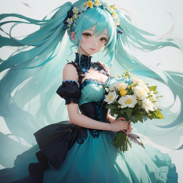 anime girl with blue hair and flowers in her hand, in dress, mikudayo, portrait of hatsune miku, cute anime waifu in a nice dress, hatsune miku portrait, guweiz on pixiv artstation, guweiz on artstation pixiv, digital art on pixiv, pixiv contest winner, anime girl with teal hair