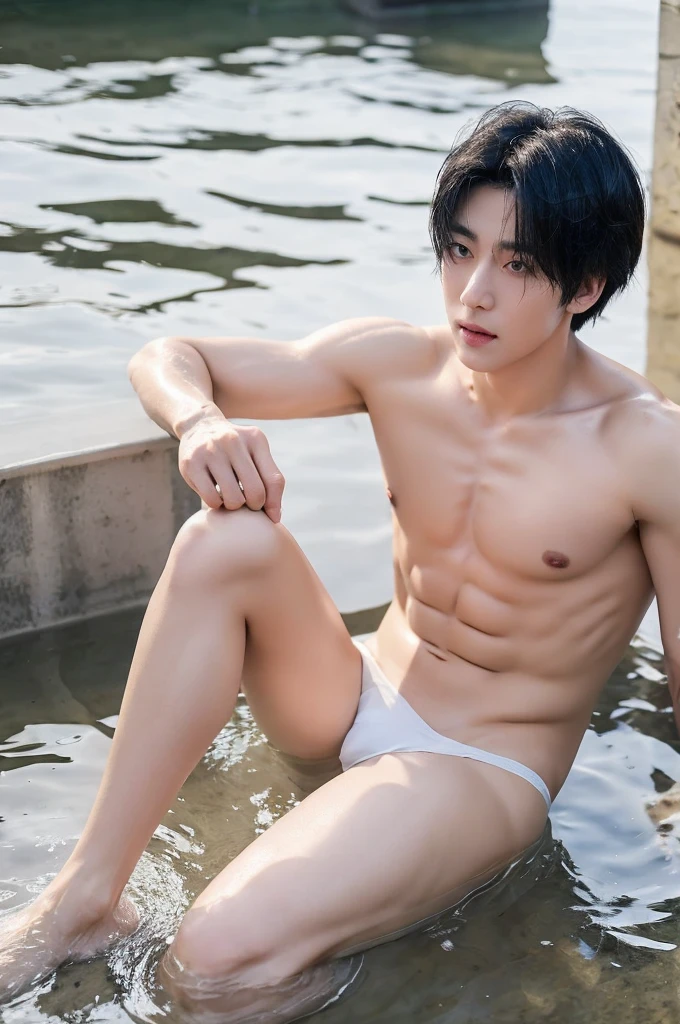 full body, two man with realistic tied black hair, kissing, handsome, strong, Muscly, Husky, Fit, realistic short bangs, exactly the same hairstyle, realistic Korean handsome face, realistic sharp eyes, realistic cool expression, topless, white jockstrap, summer, Wet body, in water