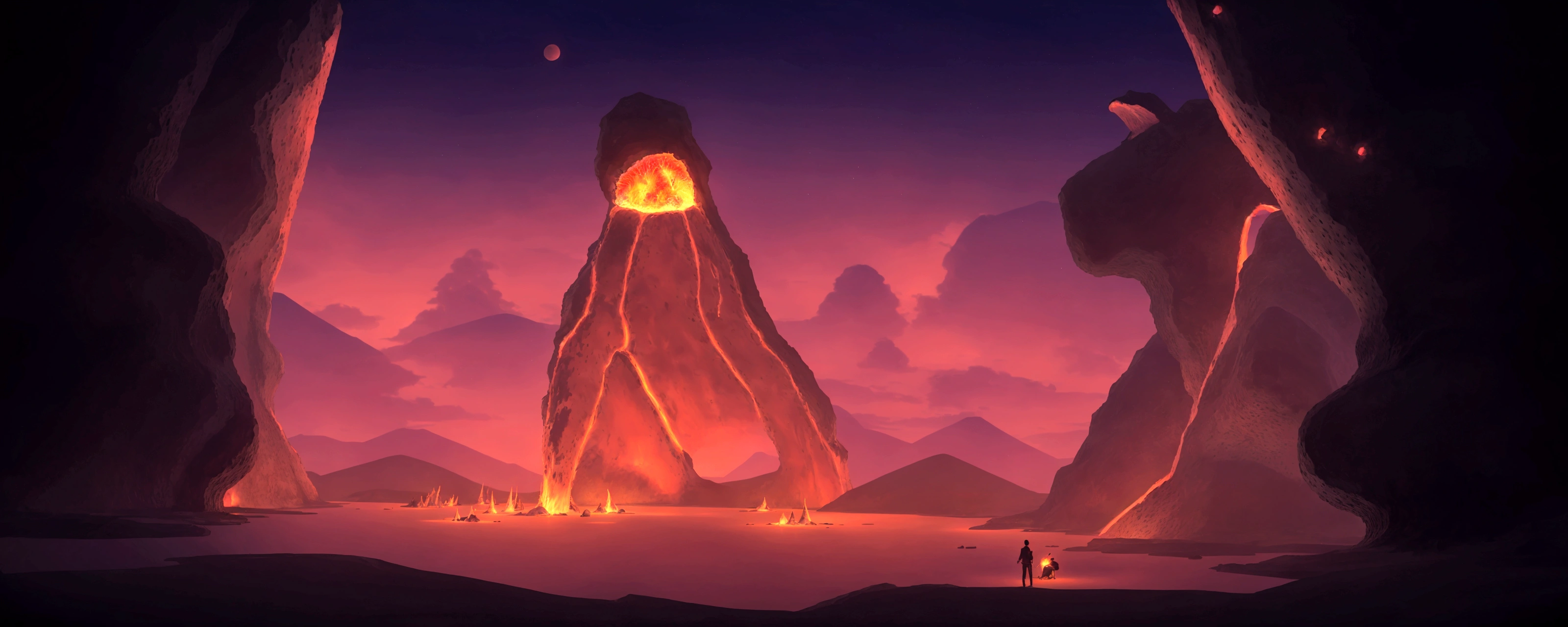 cartoon illustration of a lava cave with a fire in the middle, dark volcano background, volcano background, volcanic workshop background, firey environment, background artwork, 2 d game art background, volcano landscape, blazing fire and glowing lava, background art, background of a lava river, mobile game background, volcanic background, 2d game background, magma and lava