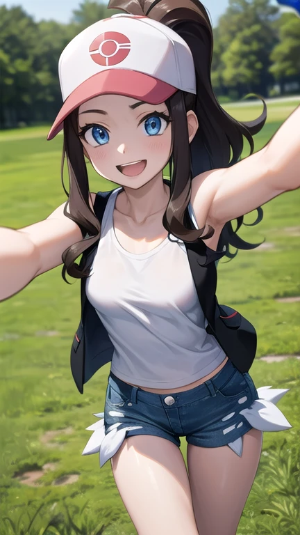 (Masterpiece, Best Quality, detailed), 1 girl, Alone, taking a selfie, looking to the camera, pokemon hilda, High ponytail, wide, Blue eyes, baseball cap, vest, denim shorts, White shirt, small breasts, Short shorts, sleeveless shirt, black vest open, wristband, outdoor, forest, nature, Grass, tree, flower, move, evening, Dark, selfie, SMILE, Open mouth, happy, greeting