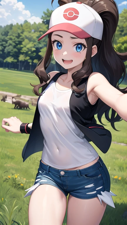 (Masterpiece, Best Quality, detailed), 1 girl, Alone, taking a selfie, looking to the camera, pokemon hilda, High ponytail, wide, Blue eyes, baseball cap, vest, denim shorts, White shirt, small breasts, Short shorts, sleeveless shirt, black vest open, wristband, outdoor, forest, nature, Grass, tree, flower, move, evening, Dark, selfie, SMILE, Open mouth, happy, greeting