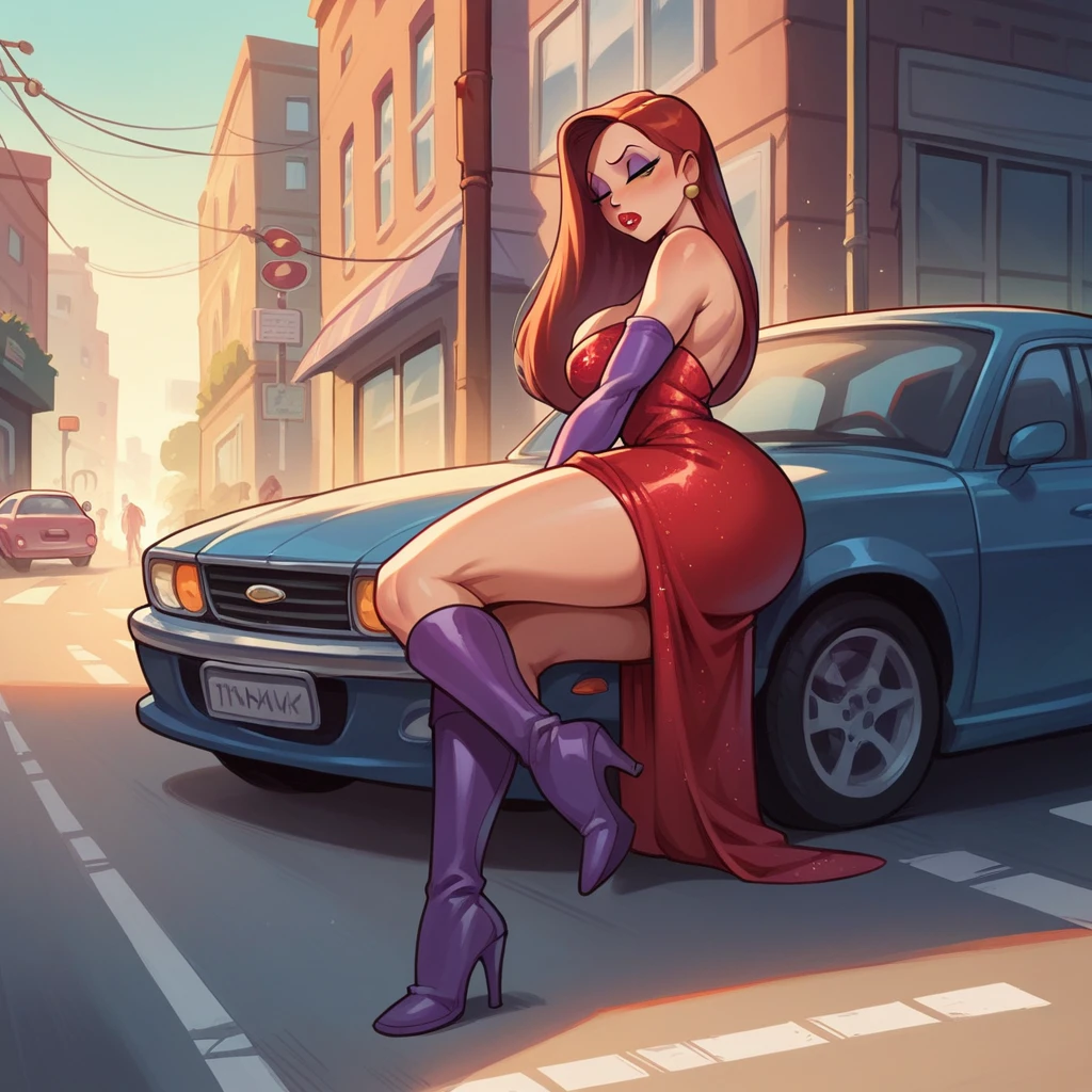 Jessica Rabbit is sad getting into a taxi. She wears a red dress and long boots, she has big  and a big , street, morning