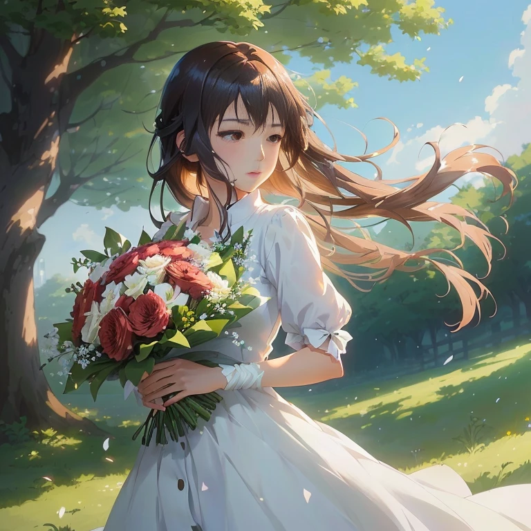 anime girl in a white dress holding a bouquet of flowers, makoto shinkai art style, smooth anime cg art, with flowers, sakimi chan, guweiz and makoto shinkai, guweiz, rin, makoto shinkai. digital render, beautiful anime portrait, anime visual of a cute girl, guweiz on pixiv artstation