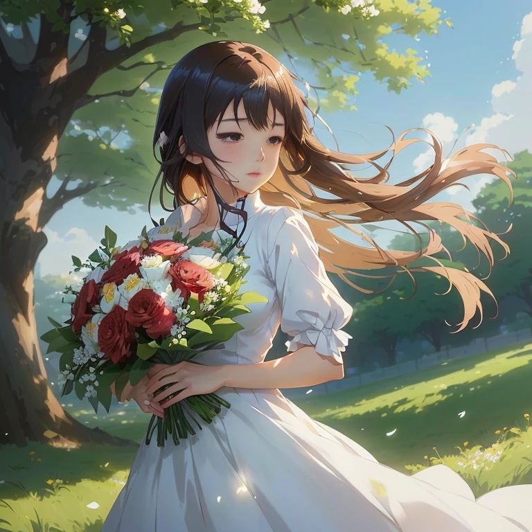 anime girl in a white dress holding a bouquet of flowers, makoto shinkai art style, smooth anime cg art, with flowers, sakimi chan, guweiz and makoto shinkai, guweiz, rin, makoto shinkai. digital render, beautiful anime portrait, anime visual of a cute girl, guweiz on pixiv artstation