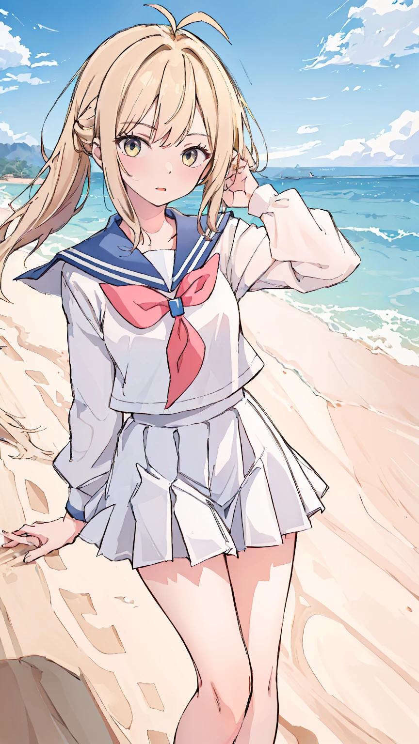 (masterpiece,best quality,absurdres),1girl,solo,looking at viewer,dynamic_angle,colorful, antenna hair,Sailor uniform, beach , sand , 
