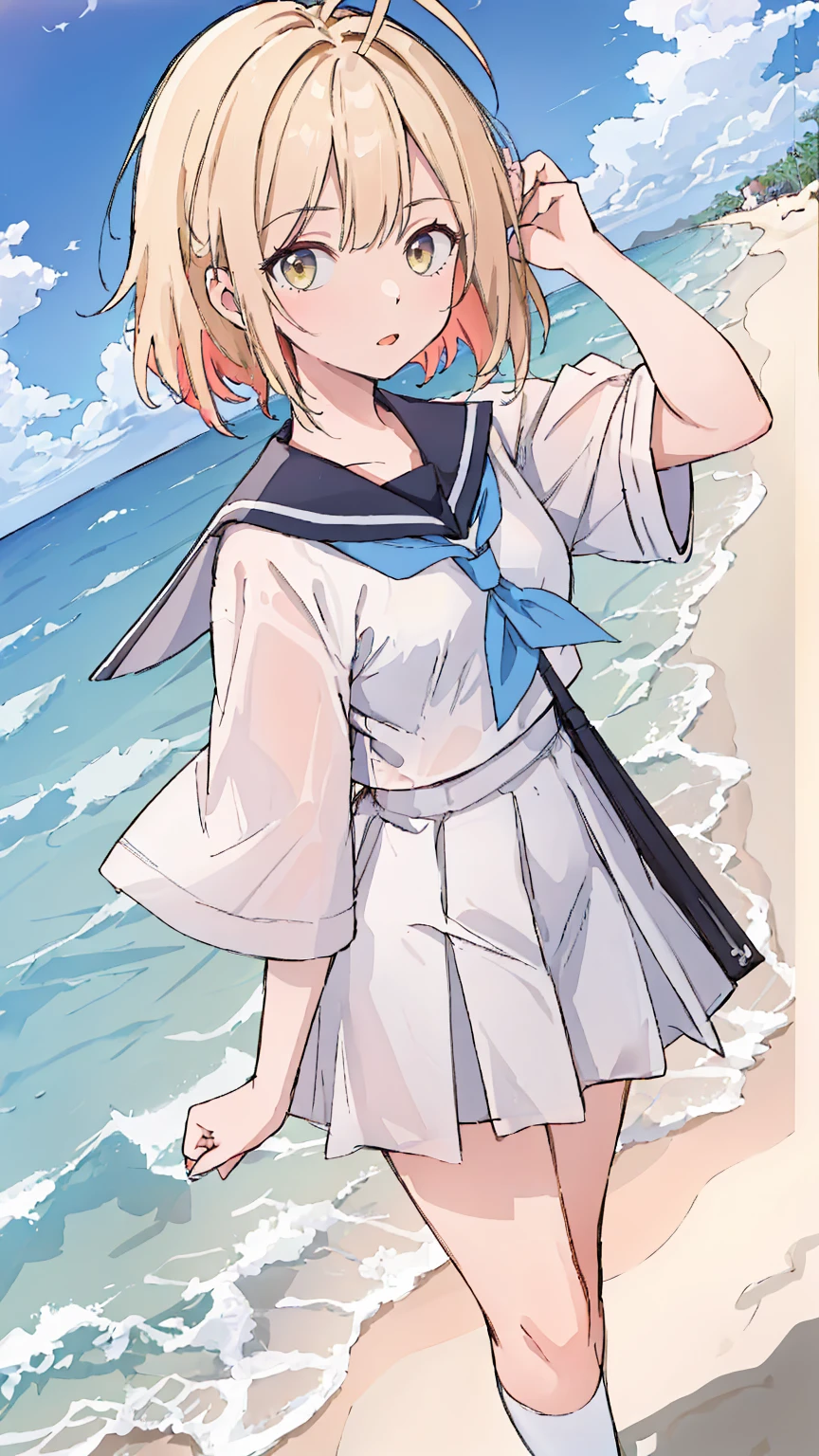 (masterpiece,best quality,absurdres),1girl,solo,looking at viewer,dynamic_angle,colorful, antenna hair,Sailor uniform, beach , sand , 
