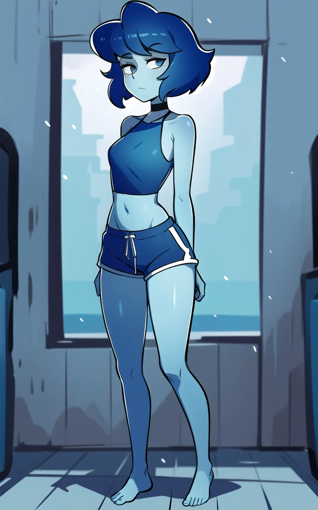 8k, highres, (masterpiece:1.2), (best quality:1.2), ultra-detailed, (an extremely delicate and beautiful), intricate , beautiful eyes,1girl,female, solo, ((blue skin)), blue eyes, colored skin, lapis lazuli \(steven universe\), sulapislazuli, ((short hair)),standing, full body, cowboy shot, ((blue crop top)), shorts,barefoot, water,blue shorts, bare shoulders , sleeveless , neckline, her legs are frozen stuck she can't move