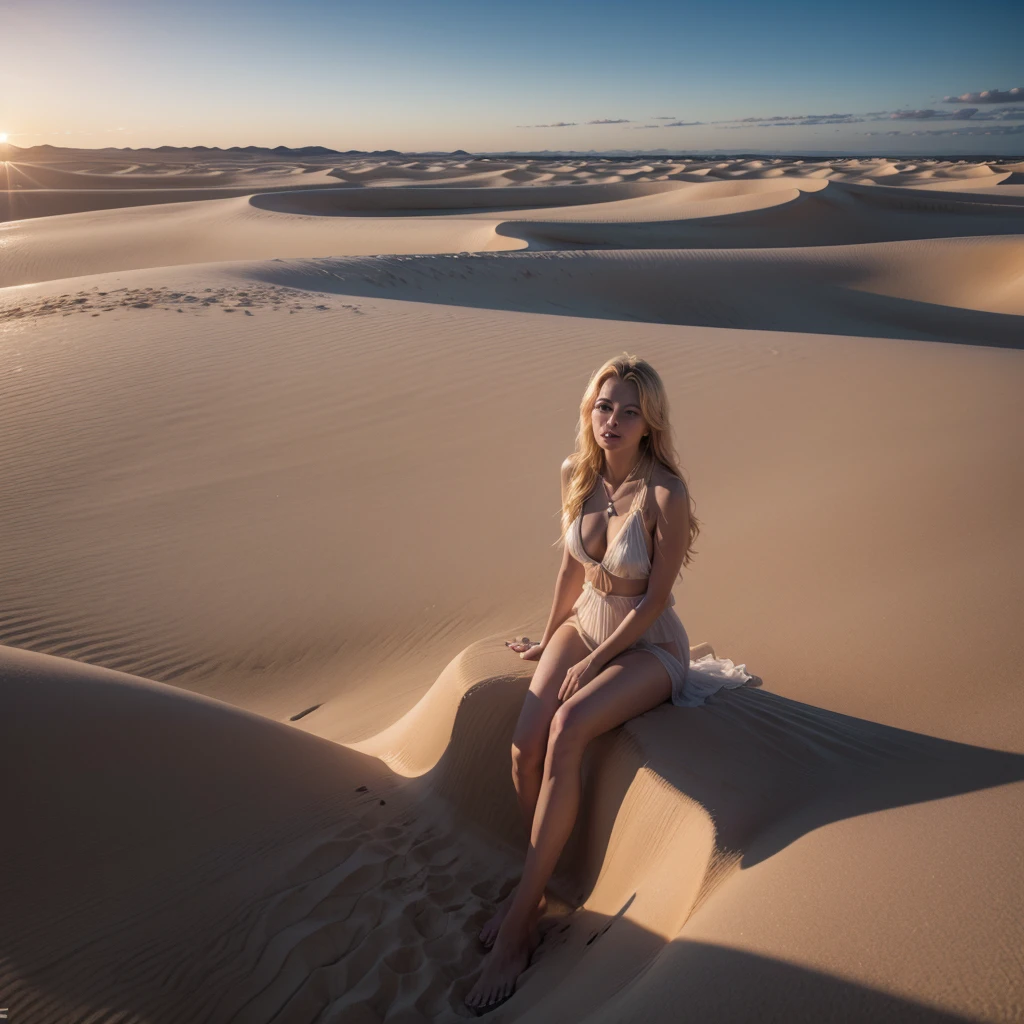 ultra-realistic 4k photo of a beautiful blond woman admiring the sunset in Lençóis Maranhenses, dunes and crystal-clear lagoons in between, sitting in desert, perect face, full body view, cinematic, hdr