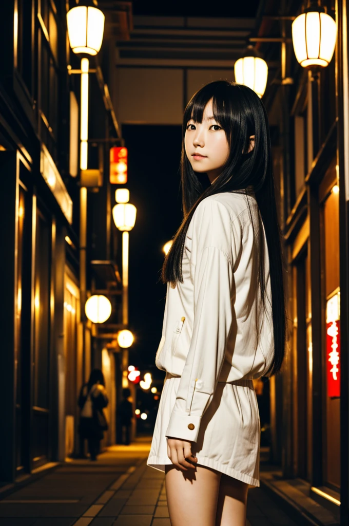 Japanese girl, white skin, long hair, cute, taking photos in the middle of a building at night.
