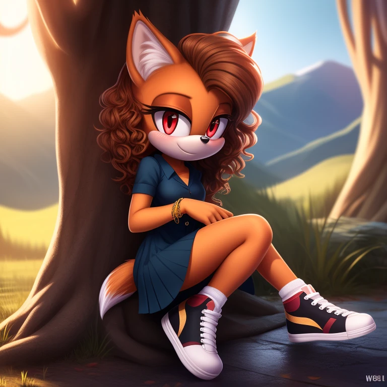 mobian, solo, hedgehog, two-tone fur ((orange fur, brown fur)), pleated shirt dress, high-top sneakers, small breasts, two-tone hair (brown hair, black tip)), curly hair, halo, sunglasses, jewelry, red eyes, longeyelashes, red eyes, smile, shy, blush, pose, high detail, masterpiece, UHD, anatomically correct, super detail, highres, 4K