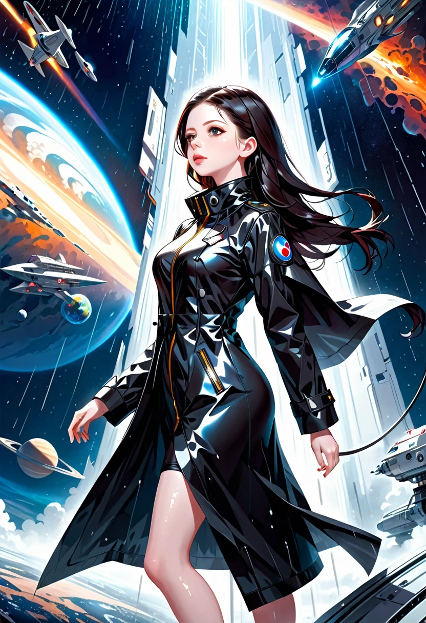 ((tmasterpiece)), hiquality, Ultra-detailed, (young Michelle Trachtenberg ), In a long black raincoat, Futurism, Space, (in the style of KAAN), 8K, the best illustration, graceful, Proper anatomy of the body, hight resolution, Dynamic perspective, Dynamic posture,