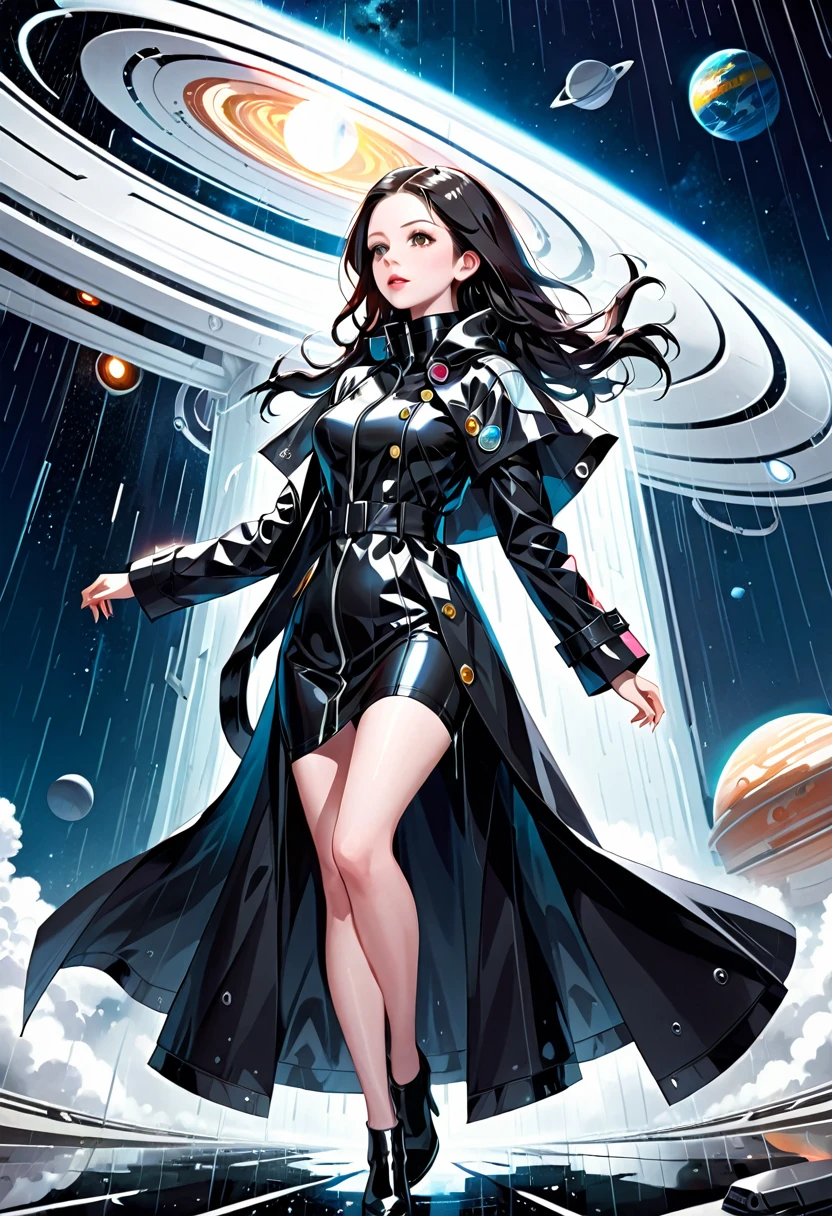 ((tmasterpiece)), hiquality, Ultra-detailed, (young Michelle Trachtenberg ), In a long black raincoat, Futurism, Space, (in the style of KAAN), 8K, the best illustration, graceful, Proper anatomy of the body, hight resolution, Dynamic perspective, Dynamic posture,