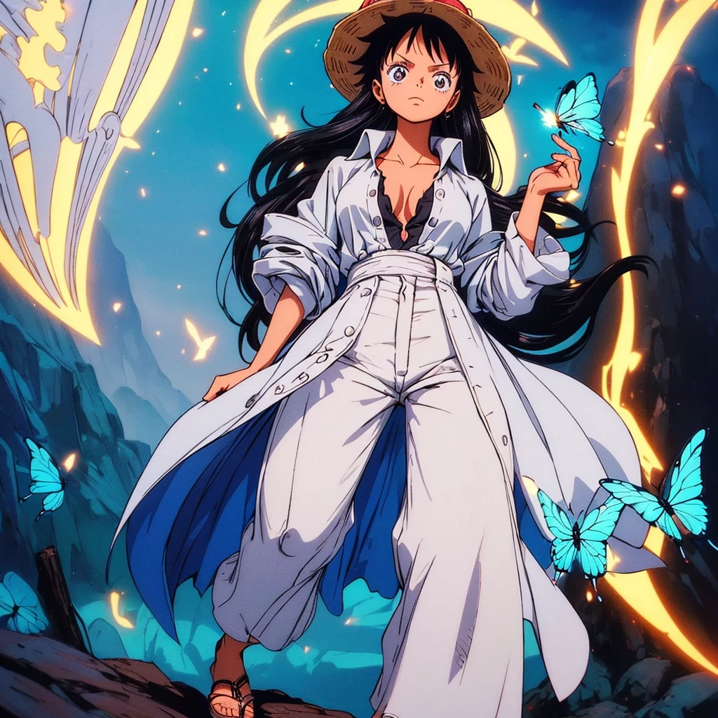 masterpiece, best quality), intricate details, 1 girl, woman, black hair, straw hat, monkey d luffy\ (one piece\), scar on face, (long hair), shirt, white shirt, female focus, clothes, collared shirt, pants, cape, black coat, shirt, scar, sandals, pectorals, partially unbuttoned, cleavage, black coat on shoulders, nature, scenery, upper body, straw hat, (night) The image showcases an animated character with striking black hair and glowing eyes, creating a captivating and ethereal appearance. The character is dressed in a black and white outfit, embodying a classic gothic or Victorian-inspired look. Surrounding the character are luminescent blue butterflies that add to the magical and enchanting atmosphere of the scene. The color palette primarily consists of deep, dark shades interspersed with vibrant blues, adding to the mystical and otherworldly feel of the image.
