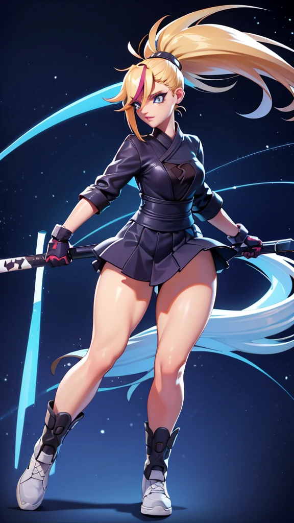 1 girl, ultra long hair, ultra detailed face, glowing lips, glowing blue eyes, very long ponytail, elegant walk, catwalk, holding down a giant katana, blonde, long eyelashes, long boots , looking to the sky, starry sky, a ultra giant katana