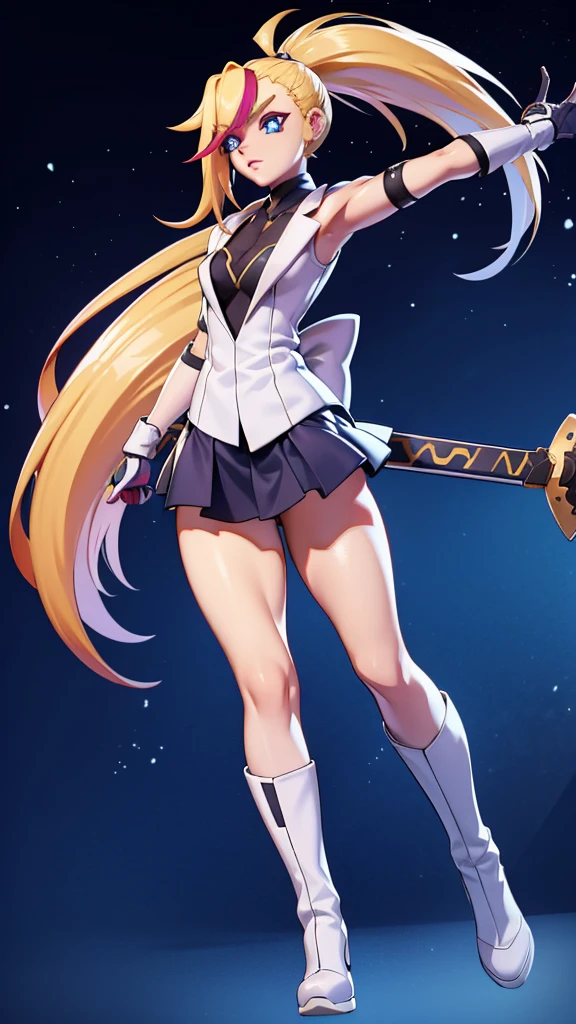 1 girl, ultra long hair, ultra detailed face, glowing lips, glowing blue eyes, very long ponytail, elegant walk, catwalk, holding down a giant katana, blonde, long eyelashes, long boots , looking to the sky, starry sky, a ultra giant katana