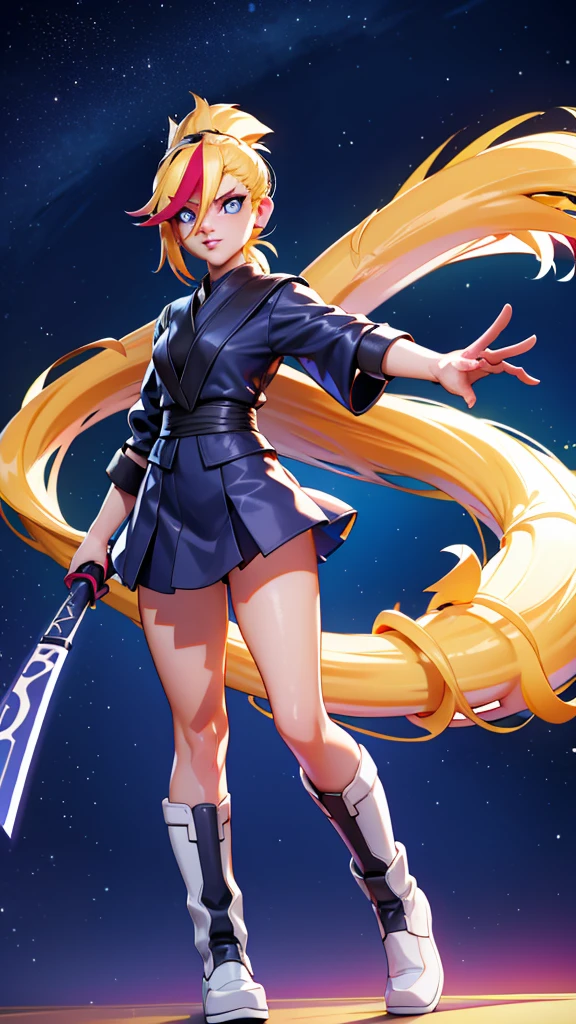 1 girl, ultra long hair, ultra detailed face, glowing lips, glowing blue eyes, very long ponytail, elegant walk, catwalk, holding down a  giant katana, blonde, long eyelashes, long boots , looking to the sky, starry sky, a ultra giant katana 
