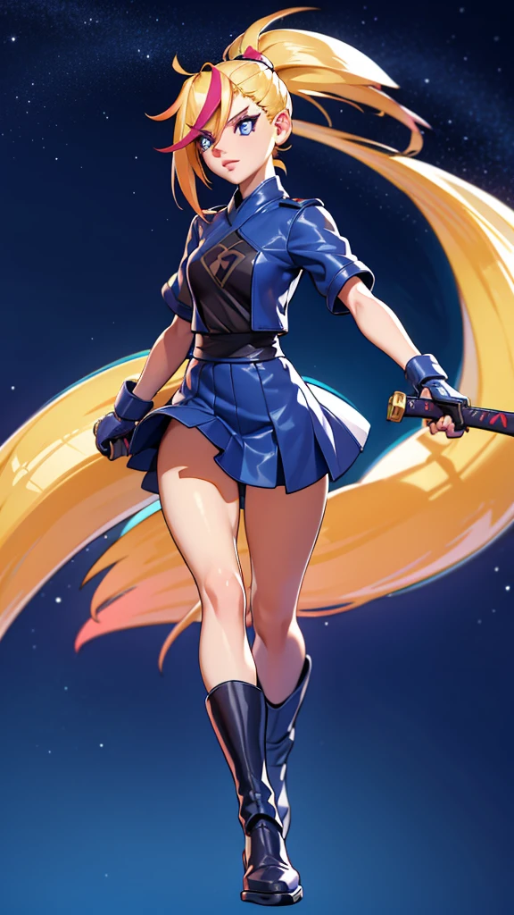 Thunder backdrop, thunder ranger, face, small breast, tight suit, speedy thunder, alien weapons , yellow hair