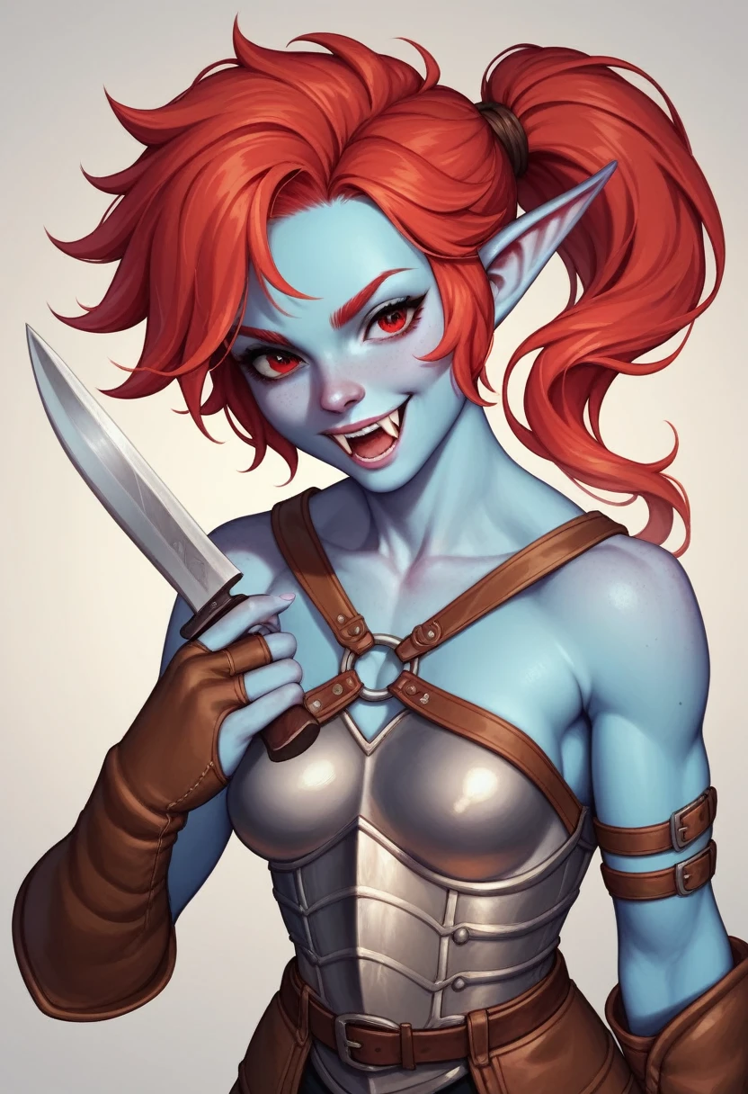 A young woman with small breasts, azure-blue skin, pixie-sharp ears, and a toned, large athletic build. Prominent large fangs and piercing red eyes complete her striking appearance. Her long red hair is pulled back in a ponytail. She is dressed in the closed, sturdy leather armor of a medieval fantasy adventurer with a variety of bags and knife scabbards.