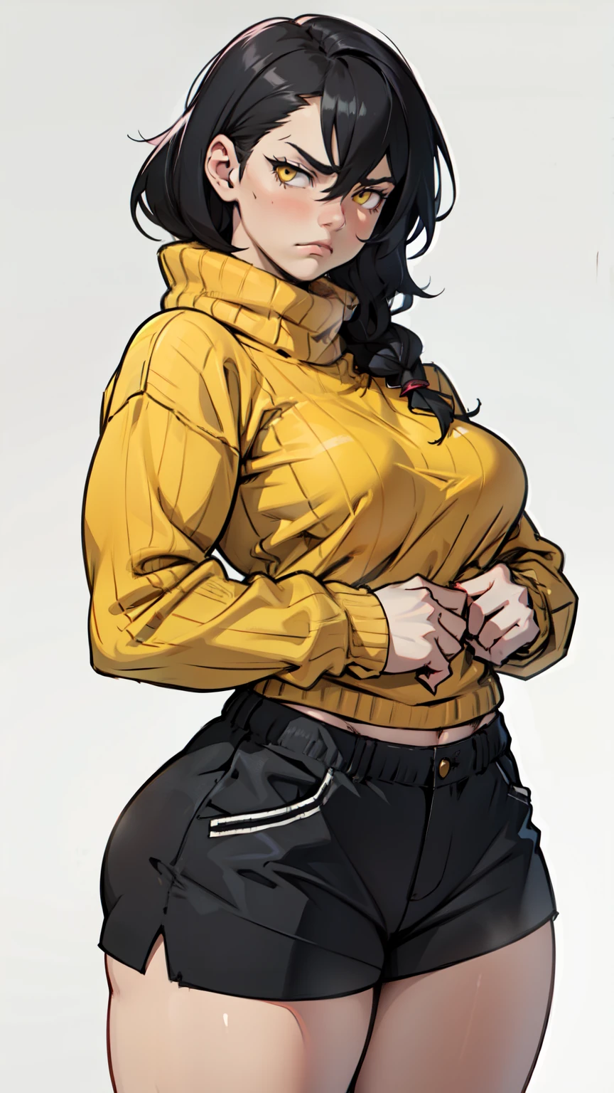 ((1girl)) Massive Female Bodybuilder with Huge breasts pale skin black hair very long hair yellow eyes long hoodie sweatpants midriff close up