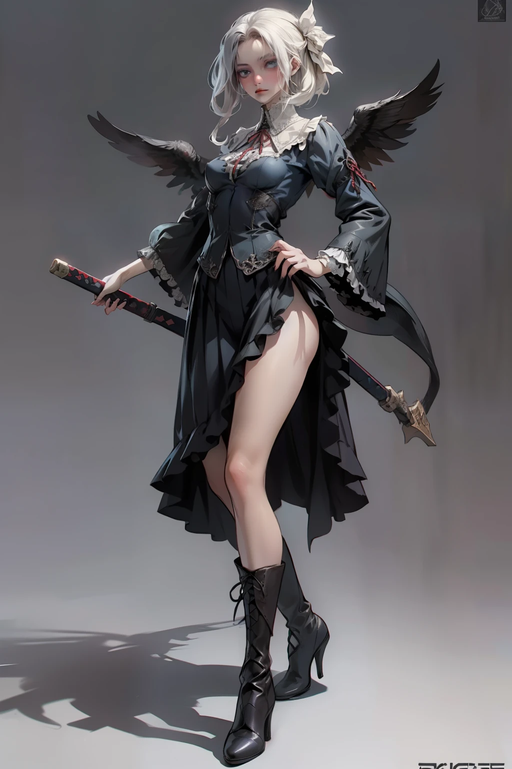 ((best quality)), ((masterpiece)), (detailed), 1girl, off-shoulder, Character design, female, dynamic poses, long white grey hair, grey white eyes, very skinny, detailed, best quality, no accesoires around the neck, no shoes, prominent collarbones, skinny arms, flat stomach, visible hip bones, full body, blank white background, plain background, white background, a beautiful goddess adorned and enshrined in armour, red and white clothing, Bloodborne inspired, occult aesthetic, occult, detailed and intricate steampunk and detailed gothic, NSFW, Very dramatic and cinematic lighting, cosmic horror, grim-dark, side-lighting, perfect face, NSFW, Fluttering lace flared long knee length dress with frilly petticoats, knee length dress, pleated petticoats, petticoats gothic, complex lace boots, side-lighting, gothic lolita aesthetic, wielding a mighty sword with mechanical components, various different types of insect wings, NSFW, full body, whole body, body, plain background, white background, blank background, no background, white background NSFW, chains, full body, whole body, head-to-toe NSFW