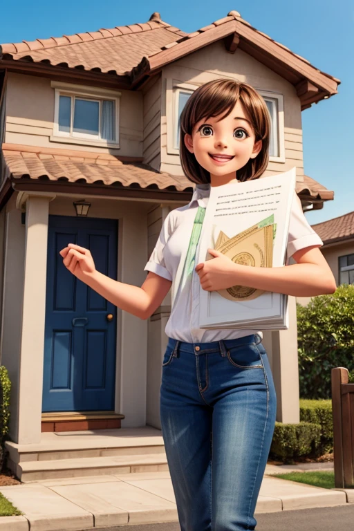 Illustration of a happy person in front of a house, holding a contract