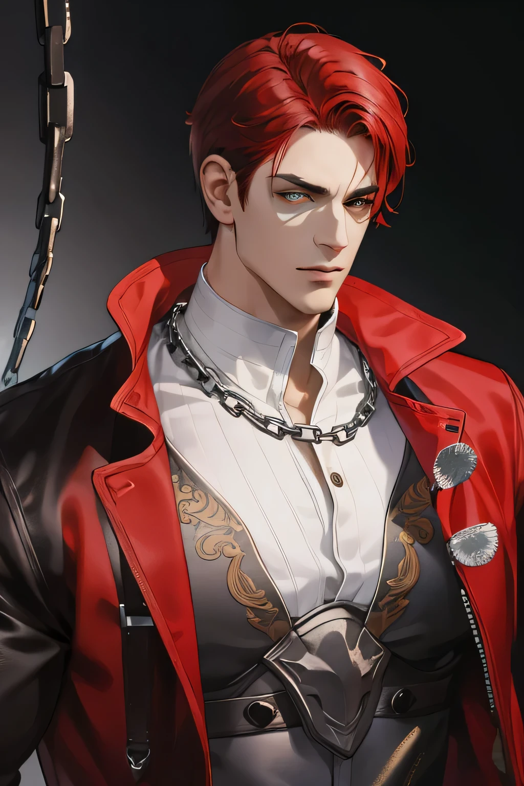 (absurdity, A high resolution, ultra detailed), (1 man, One, adult, mature, got old, tall muscular guy, broad shoulders, Beautiful), red hair is cut slightly short and does not go beyond the ears. yellow eyes, Dark outfit, accented with silver rings and chains, triple parallel scars, angled above his unaffected left eye.. (angular jaw, thick neck, thick eyebrows), BREAK, very detailed face, upper body,