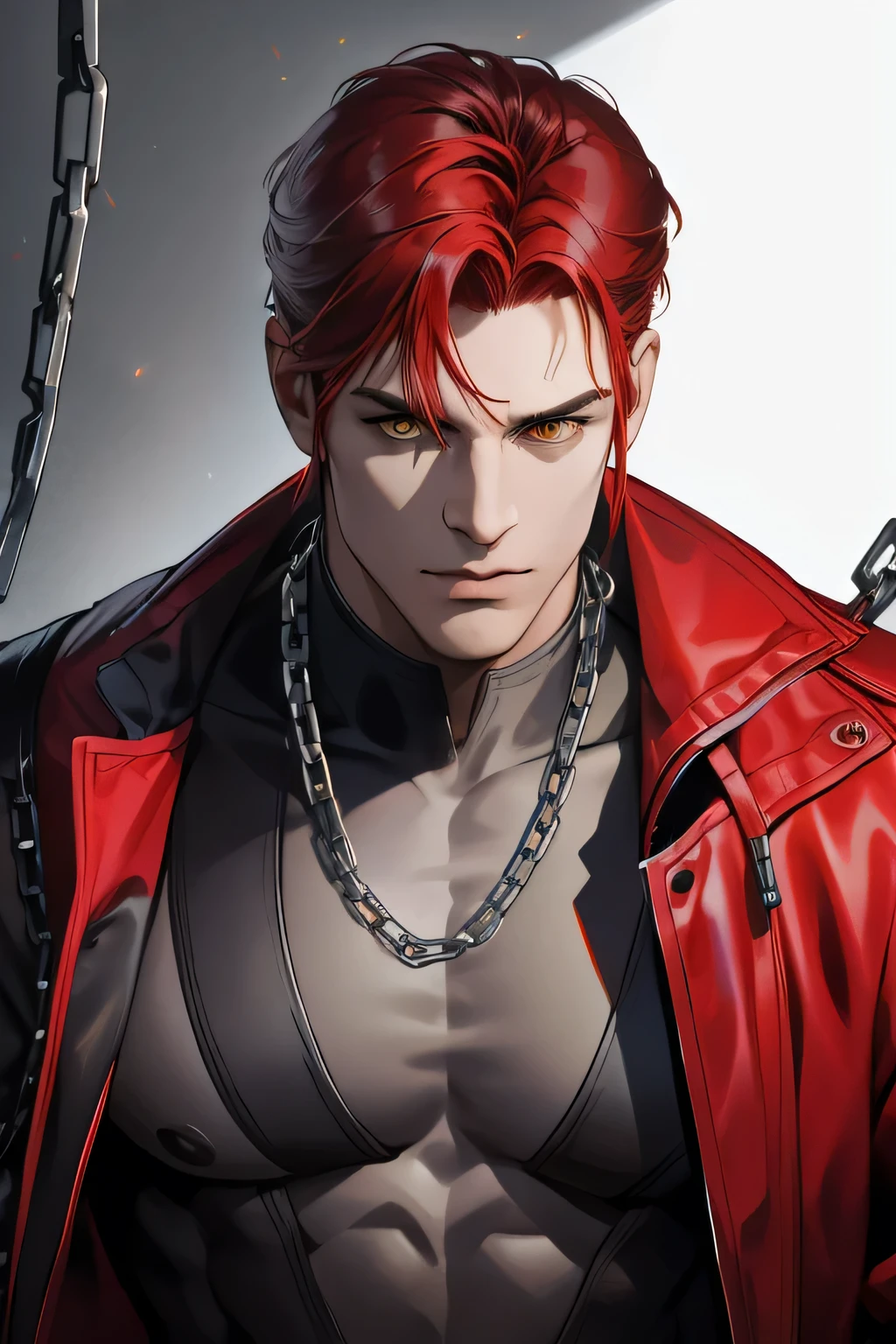 (absurdity, A high resolution, ultra detailed), (1 man, One, adult, mature, got old, tall muscular guy, broad shoulders, Beautiful), red hair is cut slightly short and does not go beyond the ears. yellow eyes, Dark outfit, accented with silver rings and chains, triple parallel scars, angled above his unaffected left eye.. (angular jaw, thick neck, thick eyebrows), BREAK, very detailed face, upper body,