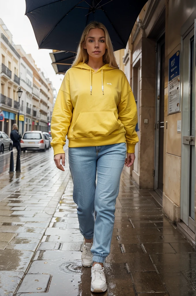 1 blonde woman of 30 years, wide, looking at the viewer, blue eyes, realist, Walking through Madrid, rainy day, dressed in a yellow sweatshirt, red pants and white sneakers
