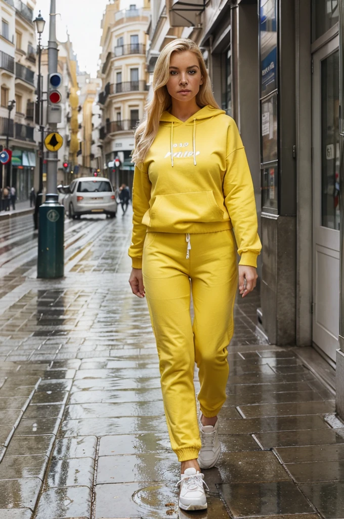 1 blonde woman of 30 years, wide, looking at the viewer, blue eyes, realist, Walking through Madrid, rainy day, dressed in a yellow sweatshirt, red pants and white sneakers