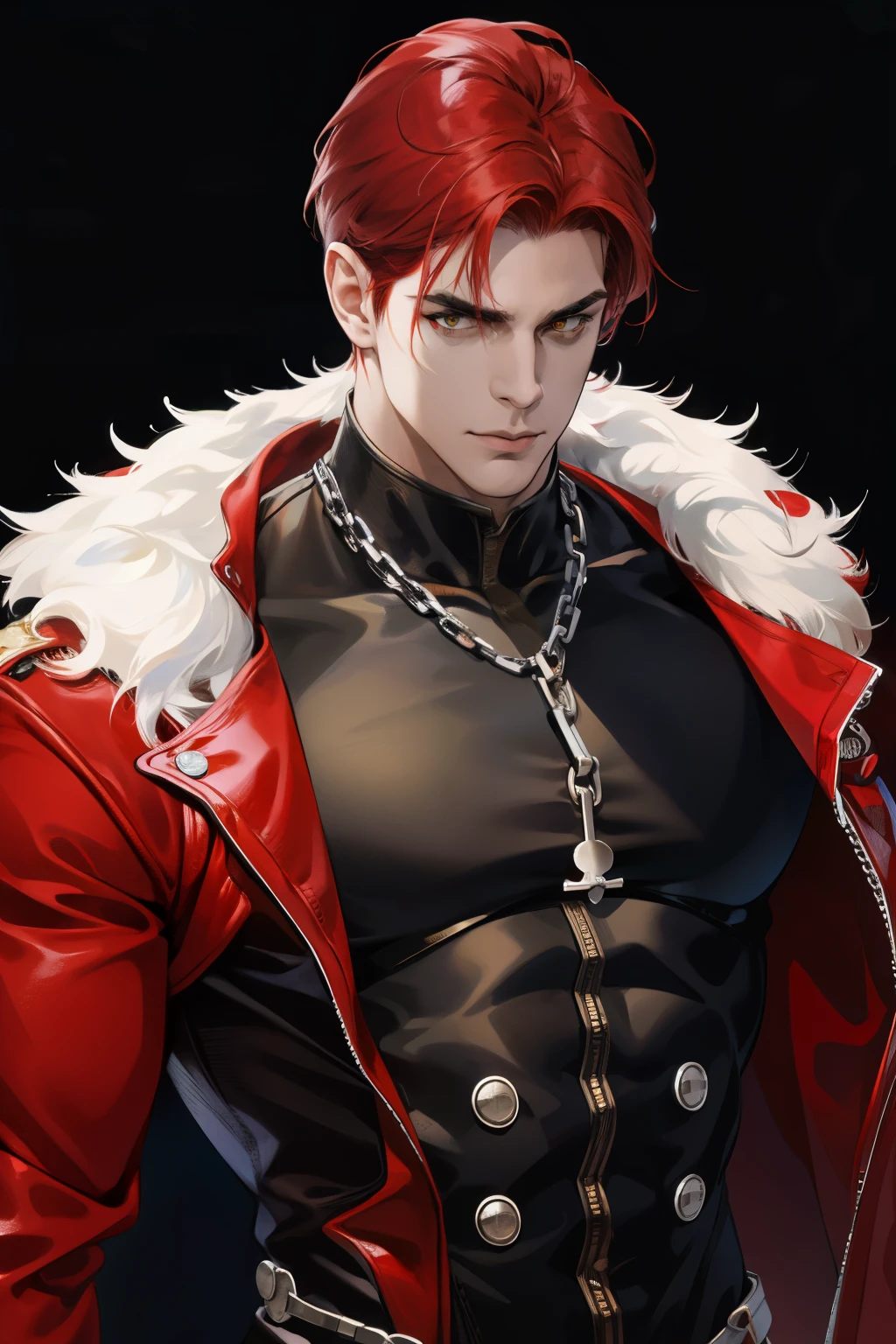 (absurdity, A high resolution, ultra detailed), (1 man, One, adult, mature, got old, tall muscular guy, broad shoulders, Beautiful),  red hair is cut slightly short and does not go beyond the ears. yellow eyes, Dark outfit, accented with silver rings and chains, triple parallel scars, angled above his unaffected left eye.. (angular jaw, thick neck, thick eyebrows), BREAK,  very detailed face, upper body, 