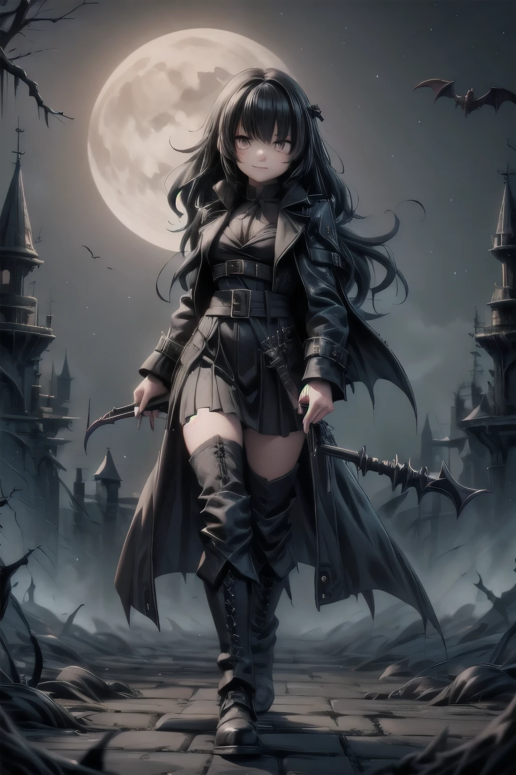 a vampire hunter girl wearing a Black Trench Coat, dark castle at night, castlevania art style, 