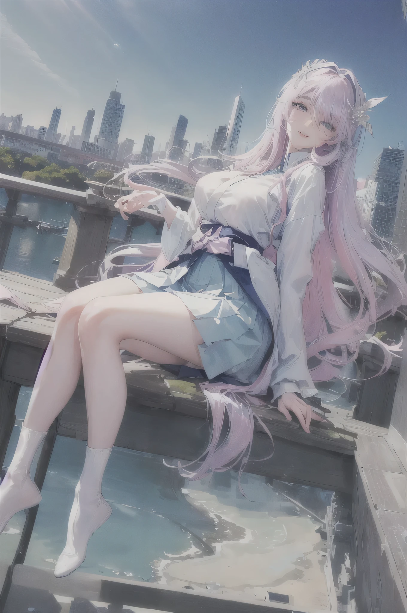official art, masterpiece, sharp focus, (beautiful gorgeous cute Korean woman:1.3), (beautiful cute korean:1.3), korean beauty, Delicate and beautiful hair and eyes and face, realistic, ultra detailed, beautiful girl, blue sky, glow white particle, (sidelighting:1.2), sun light, white cloud, detailed clouds, slender, Lovely very large breasts and very large hips, smile with teeth, ((smile with eyes, open both eyes)), scenery, long straight hair, sexy facial expression, building, (cityscape:1.7), dynamic hair, long straight hair, detailed platinum pink hair, glow blue eyes, (blue pleated shirts + white skirt), white long socks, pale skin, hair ornament, epic scenery,