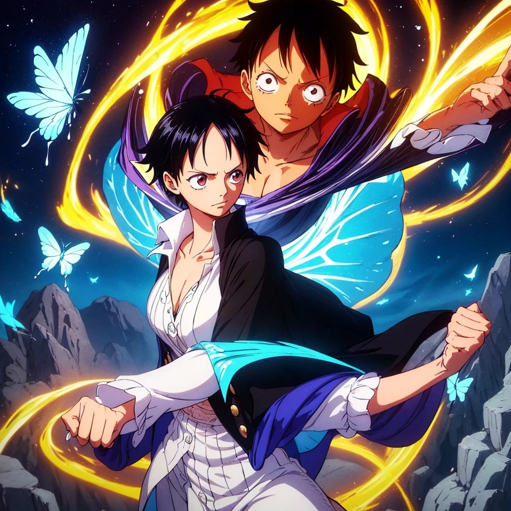 masterpiece, best quality), intricate details, 1 girl, woman, black hair, straw hat, monkey d luffy\ (one piece\), scar on face, (long hair), shirt, white shirt, female focus, clothes, collared shirt, pants, cape, black coat, shirt, scar, sandals, pectorals, partially unbuttoned, cleavage, black coat on shoulders, nature, scenery, upper body, straw hat, (night) The image showcases an animated character with striking black hair and glowing eyes, creating a captivating and ethereal appearance. The character is dressed in a black and white outfit, embodying a classic gothic or Victorian-inspired look. Surrounding the character are luminescent blue butterflies that add to the magical and enchanting atmosphere of the scene. The color palette primarily consists of deep, dark shades interspersed with vibrant blues, adding to the mystical and otherworldly feel of the image.