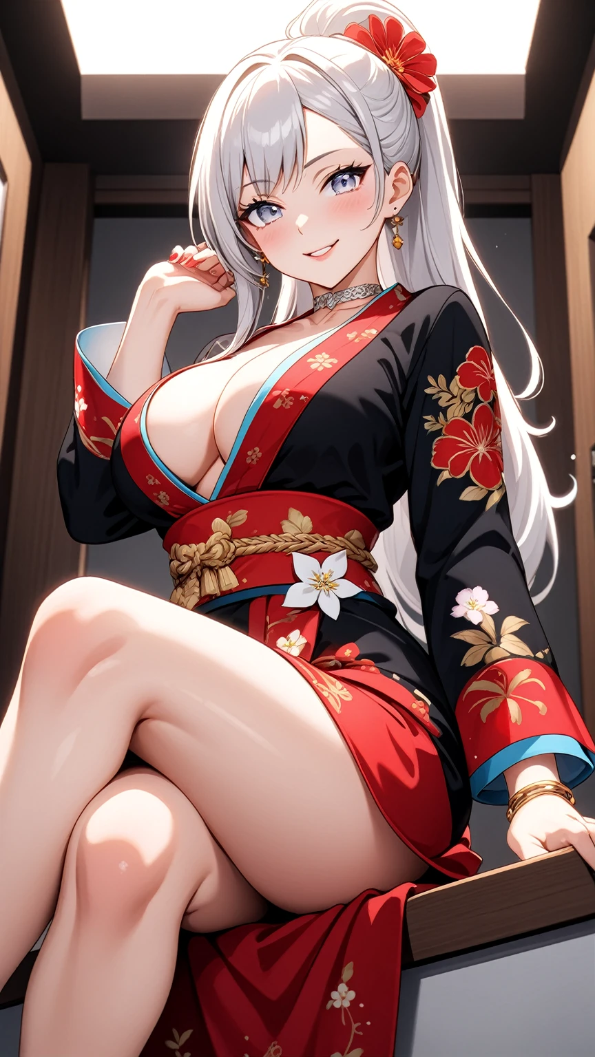 ((One personの女性)), Beautiful Face, (Laughing embarrassedly), (naughty face:1.1),((Wink:1.7)), (head tilt:1.3), teeth,Laugh with your mouth wide open,((Bright red cheeks:1.4)), ((thigh focus:1.3)), Glossy red lips, ((crossed legs:1.3)), ((panty shot:1.3)),Gold T-back shorts, (Shining Face), Touching hair with hands,looking at viewer, Rooftop terrace, firework,Lighting on the face, ((Anime style background)),masterpiece, Highest quality, so beautiful,up to date, Complex details, (Pink long nails),(ring),(bracelet),(Floral choker),AI-generated, Complex,High resolution, Highest quality, super high quality,3D Images、3D Images,One person,Long white hair,High Ponytail, Anime woman posing for a photo,(blue eyes), ((Fine grain、Silvery white eyes、Shining Eyes:1.3)), (Squint your eyes:1.1),a hyperRealistic , hyperRealistic , Realistic,Anime woman with long white hair, Smooth anime CG art, A woman in a colorful kimono with gold embroidery, (Black long sleeve kimono),Red floral pattern,Long flower hair ornament,Earrings,Mature Body,(Big Breasts:1.1),Tall,Abdominal muscles,Tight waist, (Zoom up to face:1.0), ((from side and slightly from below)),
