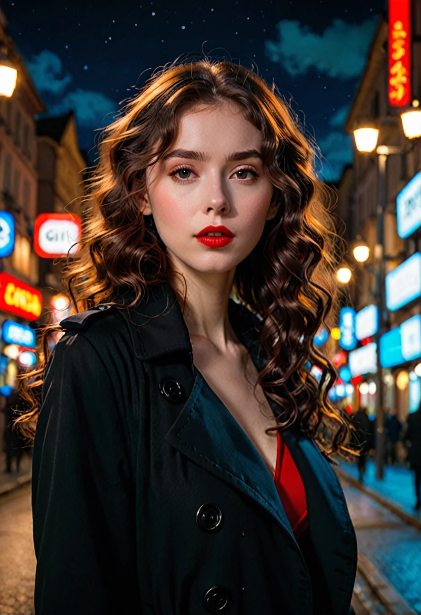 Ghibli-like colours, masterpiece, best quality, highres, high details, 4K, model_shot,1girl, solo, Red lips,long hair, Wavy curly brunette hair, pale skin,(Black trench coat), Depth of Field, (Street Lights), Fantastic lights