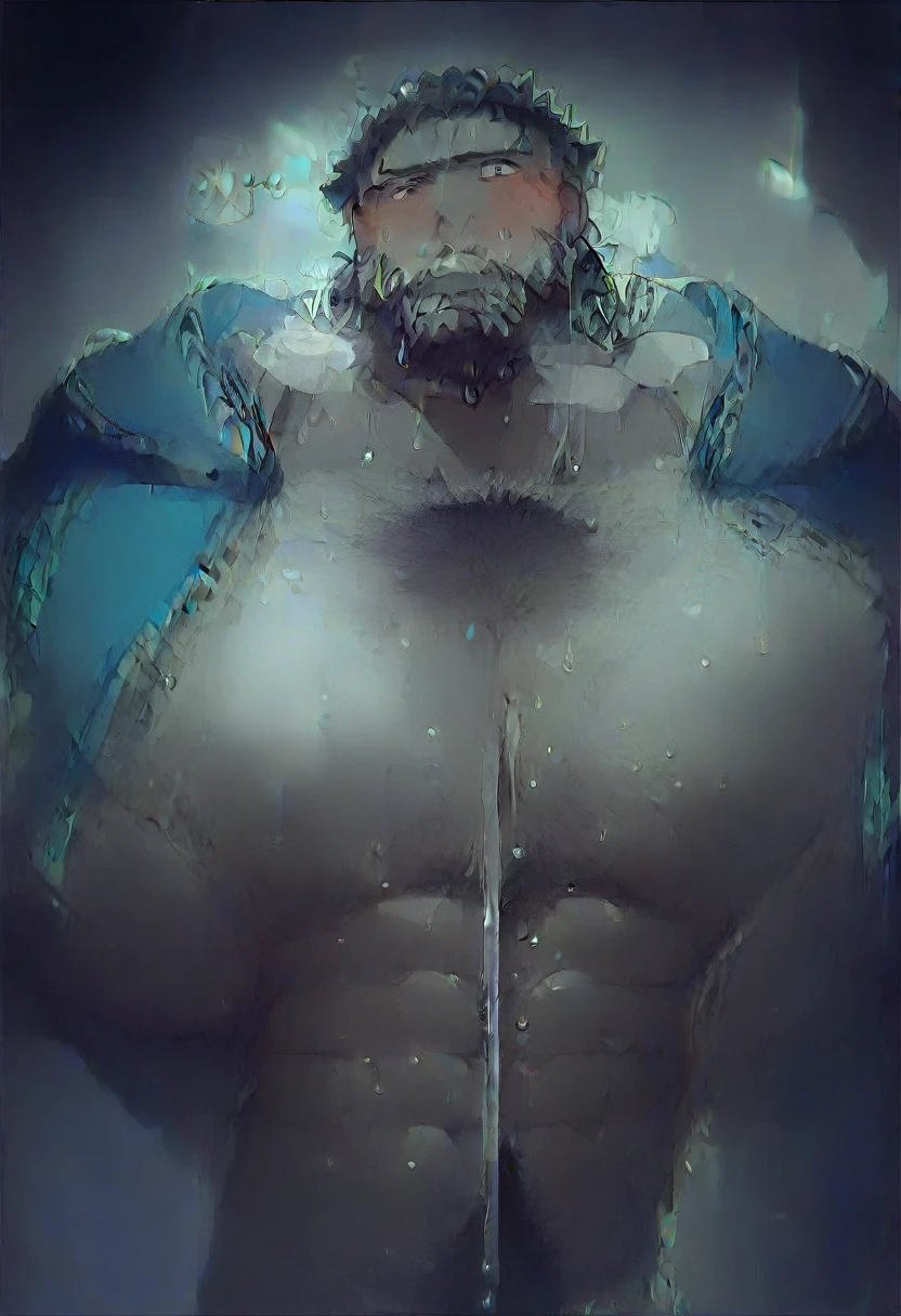 (male、Muscular、Very thick body hair、beard、sakana noko style、Age 35:1.1)、muscular chest、Muscular arms、Correct Anatomy、(I sigh tiredly)、Steamy breath、(sweating+Sweat dripping down)、(Clog breath)、(Dramatic lighting)、Browsing Caution、Super huge testicles、His super thick short dick is clearly visible in his pants、Yellowed white briefs、(Squat)、Expand the nostrils、Dirty pervert、Full Color