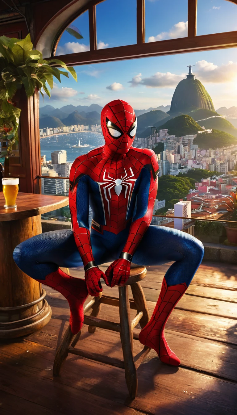 Create an ultra-high-definition, photorealistic image featuring Spider-Man sitting in a lively bar in Rio de Janeiro. He is casually enjoying a beer, and the setting should exude the vibrant and dynamic atmosphere of the city. Ensure the bar interior is detailed, with warm lighting, rustic furniture, and elements that reflect Brazilian culture. In the background, through a large window or open space, the iconic Christ the Redeemer statue should be clearly visible, majestically overlooking the city. The scene should have a cinematic quality with vibrant colors, intricate details, and a realistic portrayal of Spider-Man in his classic costume. Pay attention to lighting, shadows, and reflections to enhance the realism and create a captivating, immersive visual experience.