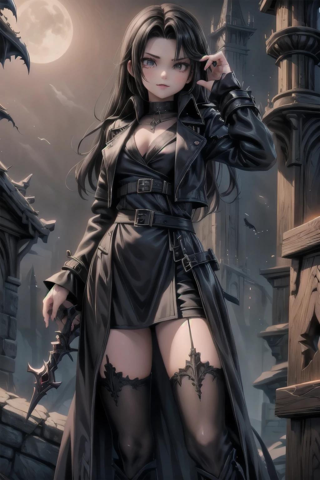 a vampire hunter girl wearing a Black Trench Coat, dark castle at night, castlevania art style, 