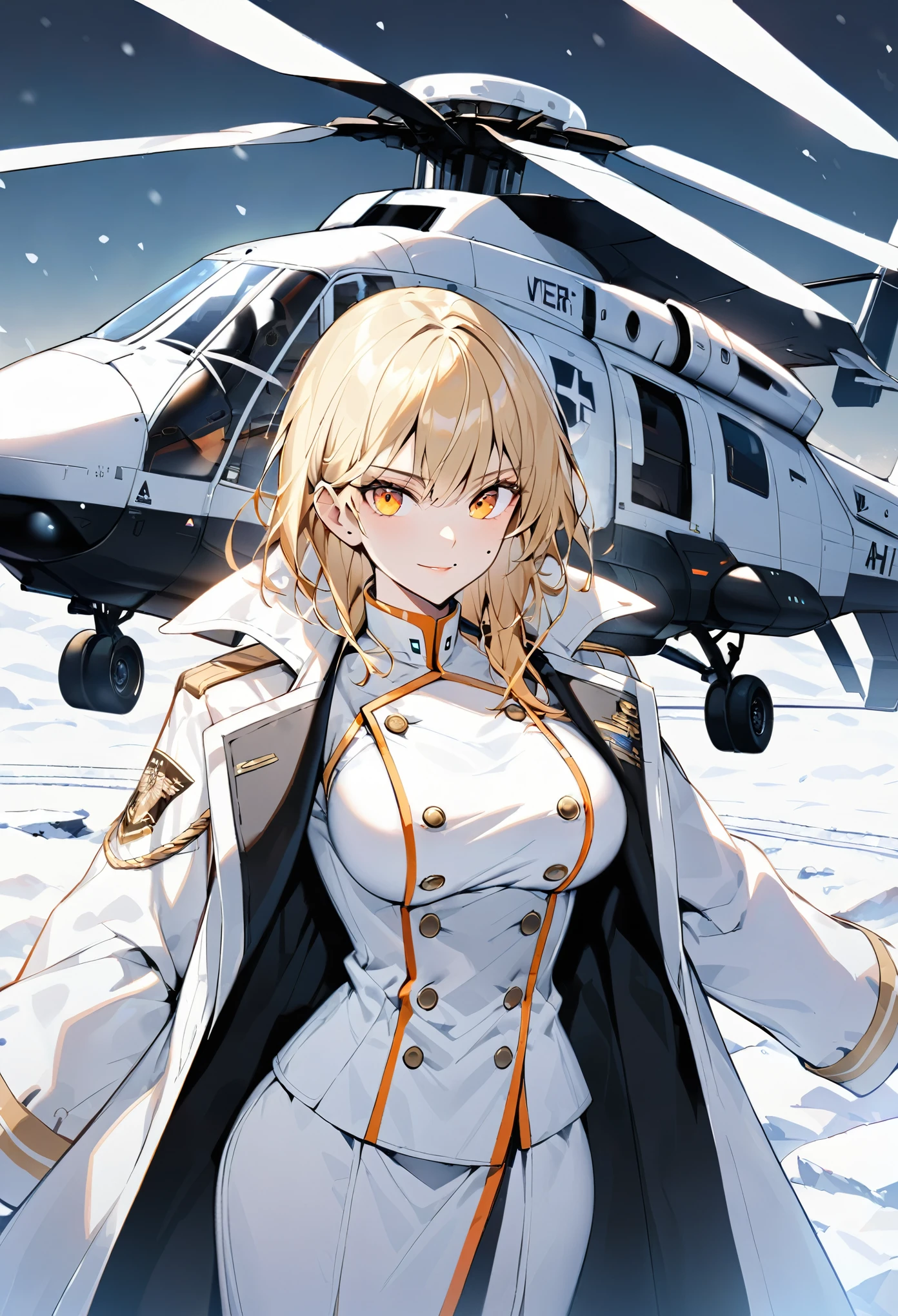 (solo), female, extremely tall, muscular:0.7, blonde hair, formal haircut, amber eyes, formal military uniform, small smile, Antarctic military uniform, , mole under mouth, snowy background, helipad, military overcoat, futuristic helicopter, white uniform