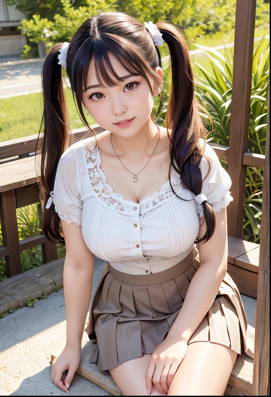 (Highest quality,masterpiece:1.3,Ultra-high resolution),(Very detailed、Caustics) (Realistic:1.4, RAW shooting、)Ultra-Realistic Capture、Very detailed、Natural skin texture、masterpiece、(Japanese woman wearing a lace blouse and pleated skirt:1.3), Adorable expression、Expressions of happiness、14 years old、height: 160cm、Young Face、Amazingly cute、Twin tails、Straight hair、Scrunchie、Black Hair、Heavy makeup、necklace、H-cup busty、Shining thighs、Skin Arm、Background details、smile、An inviting gaze、Anatomically correct、Cowboy Shot、Attention to detail、Photographed on the main street of a summer resort、Sexy pose、