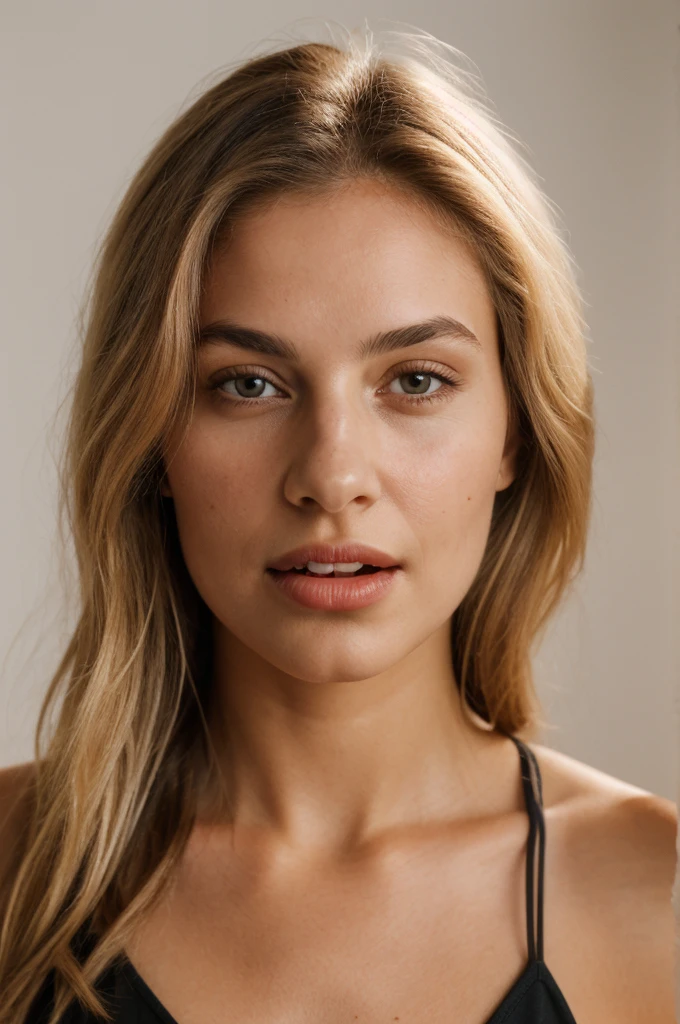 A photorealistic portrait of a young and beautiful 21-year-old woman with light blonde hair, long hair, and brown eyes, American. Epic realism, raw photo, (highly detailed skin:1.2), 8k, DSLR, soft lighting, high quality, film grain, Fujifilm XT3, ultra high resolution, photorealistic:1.4, uhd. The background is blurred to emphasize her face. Her facial features are meticulously detailed: her smooth and clear, slightly tanned skin, well-defined cheekbones, a perfectly shaped nose, a high and smooth forehead, long and thick eyelashes, well-groomed eyebrows, and soft, slightly parted lips. The lighting highlights the natural contours of her face, giving a lifelike and vibrant appearance. She exudes a captivating beauty, with a seductive and alluring expression, sticking her tongue out playfully and giving a fierce, tigress-like look. This dynamic pose makes her appear as a stunning and confident 21-year-old OnlyFans model, radiating sexiness and charisma.