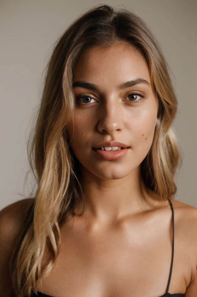 A photorealistic portrait of a young and beautiful 19-year-old woman with light blonde hair, long hair, and brown eyes, American. Epic realism, raw photo, (highly detailed skin:1.2), 8k, DSLR, soft lighting, high quality, film grain, Fujifilm XT3, ultra high resolution, photorealistic:1.4, uhd. The background is blurred to emphasize her face. Her facial features are meticulously detailed: her smooth and clear, slightly tanned skin, well-defined cheekbones, a perfectly shaped nose, a high and smooth forehead, long and thick eyelashes, well-groomed eyebrows, and soft, slightly parted lips. The lighting highlights the natural contours of her face, giving a lifelike and vibrant appearance. She exudes a captivating beauty, with a seductive and alluring expression, sticking her tongue out playfully and giving a fierce, tigress-like look. This dynamic pose makes her appear as a stunning and confident 19-year-old OnlyFans model, radiating sexiness and charisma. She looks very young and shows a full set of teeth, not just the front two.