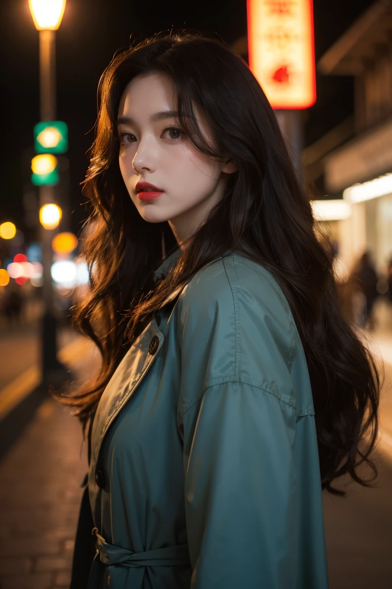 Ghibli-like colours, masterpiece, best quality, highres, high details, 4K, model_shot,1girl, solo, Red lips,long hair, Wavy curly brunette hair, pale skin,(Black trench coat), Depth of Field, (Street Lights), Fantastic lights