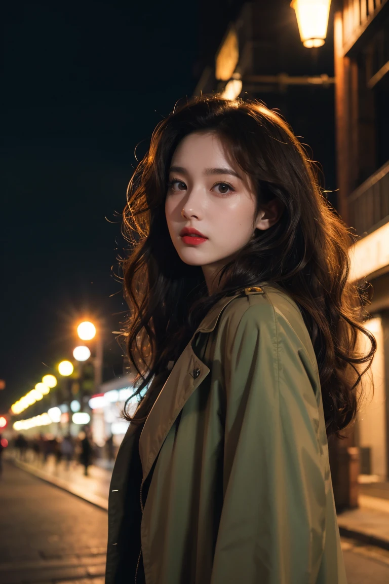 Ghibli-like colours, masterpiece, best quality, highres, high details, 4K, model_shot,1girl, solo, Red lips,long hair, Wavy curly brunette hair, pale skin,(Black trench coat), Depth of Field, (Street Lights), Fantastic lights