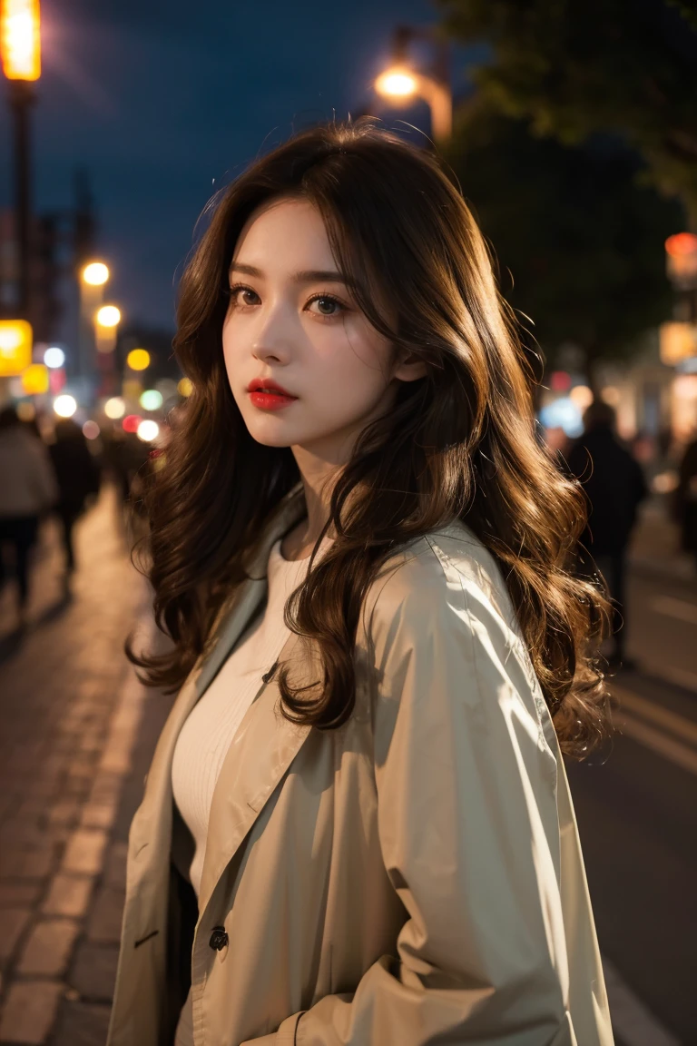 Ghibli-like colours, masterpiece, best quality, highres, high details, 4K, model_shot,1girl, solo, Red lips,long hair, Wavy curly brunette hair, pale skin,(Black trench coat), Depth of Field, (Street Lights), Fantastic lights