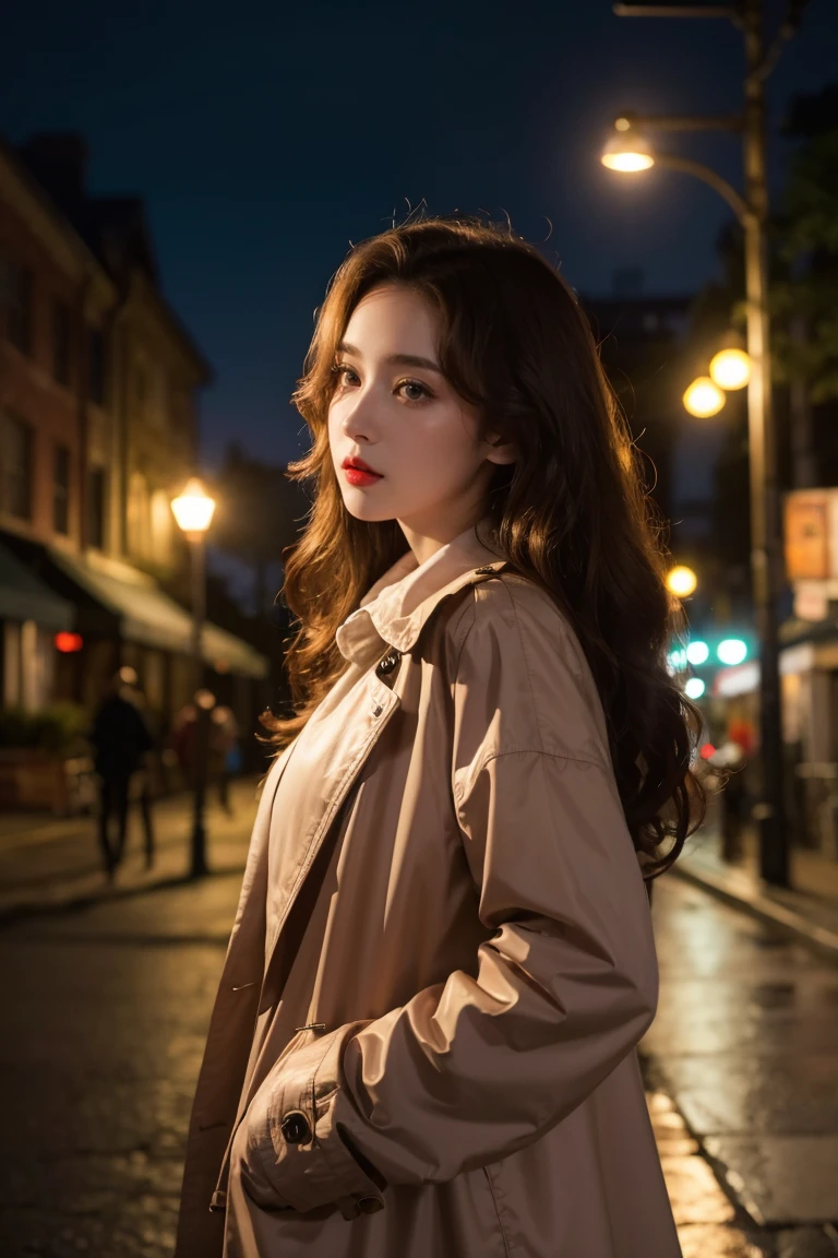 Ghibli-like colours, masterpiece, best quality, highres, high details, 4K, model_shot,1girl, solo, Red lips,long hair, Wavy curly brunette hair, pale skin,(Black trench coat), Depth of Field, (Street Lights), Fantastic lights