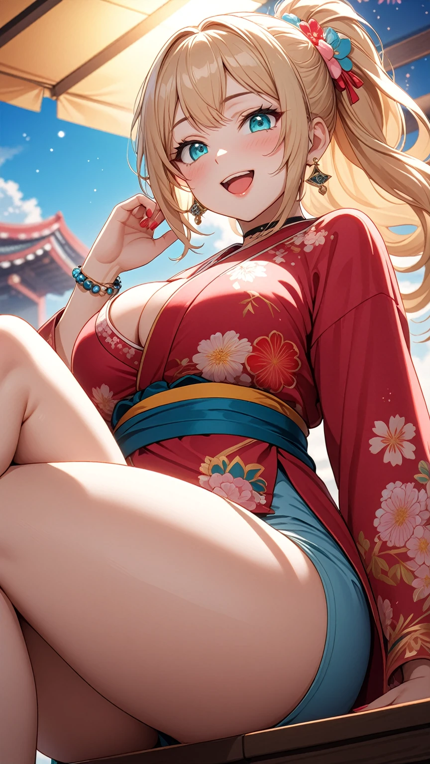 ((One personの女性)), Beautiful Face,(Laughing embarrassedly), (naughty face:1.2), (Wink:1.9), (head tilt:1.3), Laughing with your mouth open, upper teeth, ((Bright red cheeks:1.4)),Glossy pink lips, ((crossed legs:1.2)), ((thigh focus:1.2)), ((panty shot:1.1)), Pink thong shorts, looking down at viewer,Touching hair with hands,looking at viewer,Shining Face, rooftop, Festival decorations, firework, ((Anime style background)),masterpiece, Highest quality, so beautiful,up to date, Complex details, (Pink long nails),(ring),(bracelet),(choker),AI-generated, Complex,High resolution, Highest quality, super high quality,3D Images、3D Images,One person,Long blonde hair,ponytail, wavy hair ,Anime woman posing for a photo, ((Fine grain、Turquoise Eyes、Shining Eyes:1.3)), (Squint your eyes:1.1),a hyperRealistic , hyperRealistic , Realistic,Anime woman with long white hair, Smooth anime CG art, A woman in a colorful kimono with gold embroidery, (Pink long sleeve kimono),Red floral pattern,Long flower hair ornament,Earrings,Mature Body,(Big Breasts:1.1),Tall,Abdominal muscles,Tight waist,(Zoom up to face:1.1), ((from the side and slightly from below)),