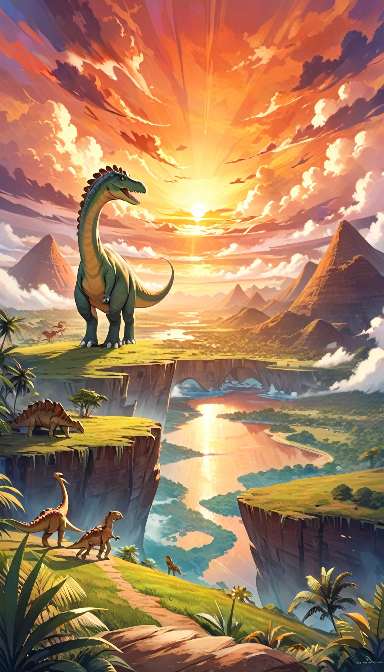 prehistoric world.1.5, great landscape, clouds, 1big dinosaur, colors, sunset, oil painted