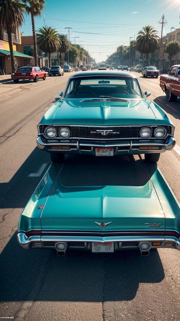 A photorealistic image of a lowrider car bouncing on a sun-drenched boulevard. Palm trees sway in the breeze. The car is a classic Chevy Impala with candy apple red paint and Chicano murals depicting fantastical creatures and Aztec warriors. Chrome gleams everywhere. Hydraulics lift the front end high, showcasing intricate wire wheels. The car dips low, almost scraping the ground.  Fuzzy dice dangle from the rearview mirror, and a subwoofer thumps in the trunk. The scene pulsates with vibrant Latino culture.

Additional details:

8k resolution
Octane render
Focus on the chrome details and the movement of the car